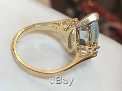 Estate Vintage 14k Gold Blue Topaz Diamond Ring Navette Signed CID Engagement