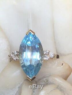 Estate Vintage 14k Gold Blue Topaz Diamond Ring Navette Signed CID Engagement