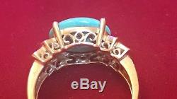Estate Vintage 14k Gold Designer Signed Le Vian Ring Turquoise & 14 Diamonds