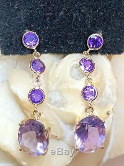 Estate Vintage 14k Gold Earrings Natural Amethyst Gemstone Drop Signed Atl