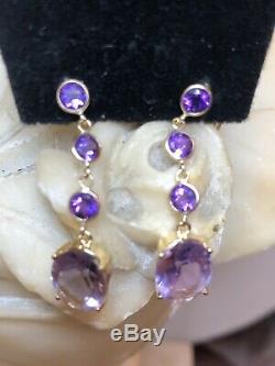 Estate Vintage 14k Gold Earrings Natural Amethyst Gemstone Drop Signed Atl