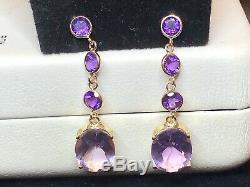 Estate Vintage 14k Gold Earrings Natural Amethyst Gemstone Drop Signed Atl