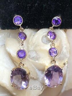 Estate Vintage 14k Gold Earrings Natural Amethyst Gemstone Drop Signed Atl