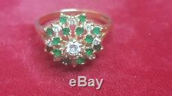 Estate Vintage 14k Gold Genuine Diamond Emerald Cluster Ring Flower Signed