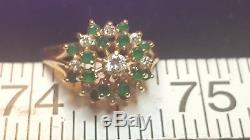 Estate Vintage 14k Gold Genuine Diamond Emerald Cluster Ring Flower Signed
