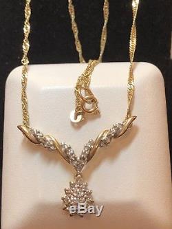 Estate Vintage 14k Gold Genuine Diamond Necklace Cluster Signed Aj Floral