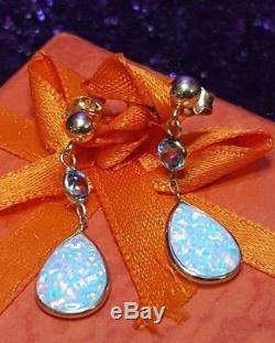 Estate Vintage 14k Gold Genuine Opal & Blue Topaz Gemstone Earrings Drop Signed