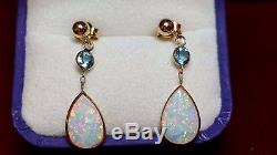 Estate Vintage 14k Gold Genuine Opal & Blue Topaz Gemstone Earrings Drop Signed