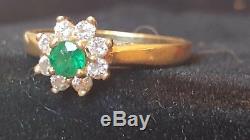 Estate Vintage 14k Gold Green Emerald & Genuine Natural Diamond Ring Flower Sign