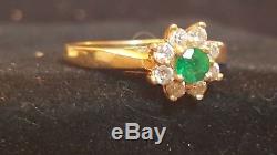 Estate Vintage 14k Gold Green Emerald & Genuine Natural Diamond Ring Flower Sign