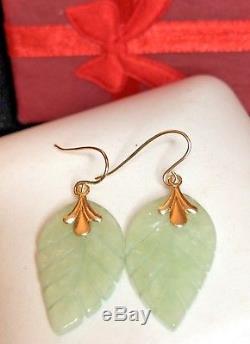 Estate Vintage 14k Gold Green Jade Jadeite Earrings Carved Leaf Signed Zz