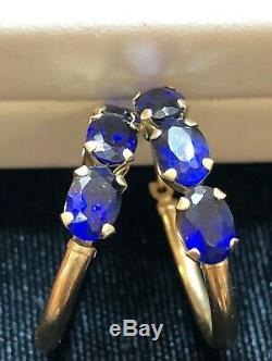 Estate Vintage 14k Gold Hoops Blue Spinel Earrings Designer Signed S Gemstone