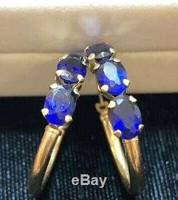 Estate Vintage 14k Gold Hoops Blue Spinel Earrings Designer Signed S Gemstone