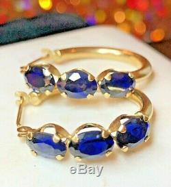 Estate Vintage 14k Gold Hoops Blue Spinel Earrings Designer Signed S Gemstone