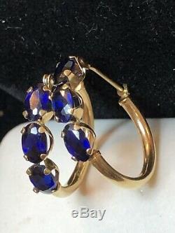 Estate Vintage 14k Gold Hoops Blue Spinel Earrings Designer Signed S Gemstone