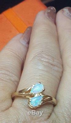 Estate Vintage 14k Yellow Gold Genuine Double Opal Ring Designer Signed Mz