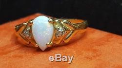 Estate Vintage 14k Yellow Gold Genuine Opal & Diamond Ring Designer Signed Lux