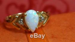 Estate Vintage 14k Yellow Gold Genuine Opal & Diamond Ring Designer Signed Lux