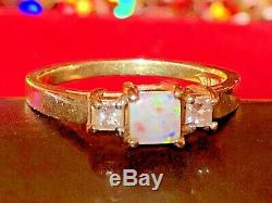 Estate Vintage 14k Yellow Gold Genuine Opal & Diamond Ring Designer Signed Obn
