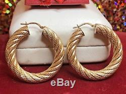 Estate Vintage 14k Yellow Gold Hoop Earrings Made In Italy Signed Large Textured