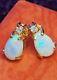 Estate Vintage 14k Yellow Gold Opal Diamond Accent Earrings Stud Signed Ail