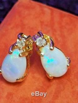 Estate Vintage 14k Yellow Gold Opal Diamond Accent Earrings Stud Signed Ail