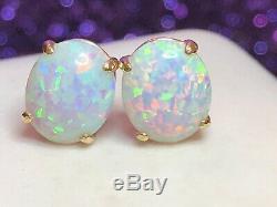 Estate Vintage 14k Yellow Gold Opal Earrings Signed Cz Lab Created