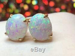 Estate Vintage 14k Yellow Gold Opal Earrings Signed Cz Lab Created