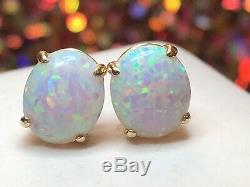 Estate Vintage 14k Yellow Gold Opal Earrings Signed Cz Lab Created