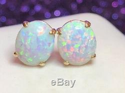 Estate Vintage 14k Yellow Gold Opal Earrings Signed Cz Lab Created