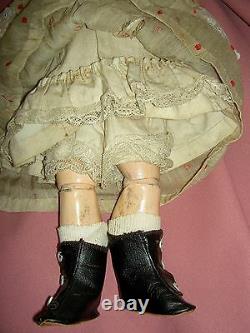 French antique bisque DEP 6 (Jumeau) doll, pierced ears, wood body, signed shoes
