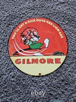 Gas Pump Sign Vintage Porcelain Gilmore Gasoline Red Lion Service Station Sign