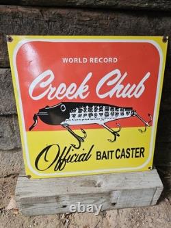 Giant Vintage World Record Creek Chub Bait Caster Porcelain Sign 20 X 20
