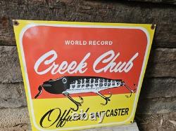 Giant Vintage World Record Creek Chub Bait Caster Porcelain Sign 20 X 20