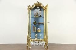 Gold Leaf Baroque Curved Glass Vintage Curio China Display Cabinet, Signed Italy