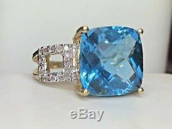 High Quality Vintage Estate 14k Gold Blue Topaz Diamond Ring Cushion Cut Signed