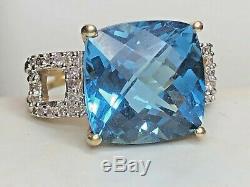 High Quality Vintage Estate 14k Gold Blue Topaz Diamond Ring Cushion Cut Signed