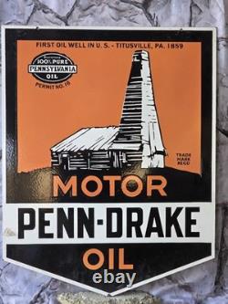 Huge Heavy Vintage Penn-drake Motor Oil Double-sided Porcelain Sign 28×22
