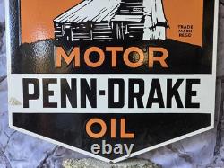 Huge Heavy Vintage Penn-drake Motor Oil Double-sided Porcelain Sign 28×22