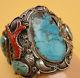 Huge Signed Vintage Navajo Sterling Silver Branch Coral Turquoise Cuff Bracelet