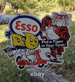 Huge Vintage Esso X Tiger Porcelain Enamel Sign 30 X 28 Inches