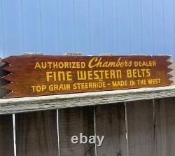 I950s CHAMBERS DEALER WESTERN BELTS TOP GRAIN STEERHIDE Vintage Wood Sign RARE