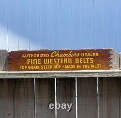 I950s CHAMBERS DEALER WESTERN BELTS TOP GRAIN STEERHIDE Vintage Wood Sign RARE