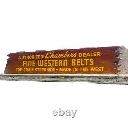 I950s CHAMBERS DEALER WESTERN BELTS TOP GRAIN STEERHIDE Vintage Wood Sign RARE