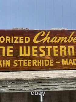I950s CHAMBERS DEALER WESTERN BELTS TOP GRAIN STEERHIDE Vintage Wood Sign RARE