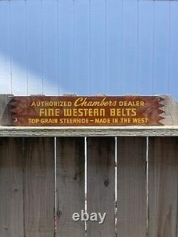 I950s CHAMBERS DEALER WESTERN BELTS TOP GRAIN STEERHIDE Vintage Wood Sign RARE