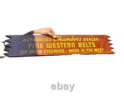 I950s CHAMBERS DEALER WESTERN BELTS TOP GRAIN STEERHIDE Vintage Wood Sign RARE