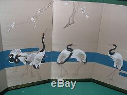 Japanese (Byobu) 4-Panel (Signed) Vintage Folding Screen of Cranes Painting-NICE