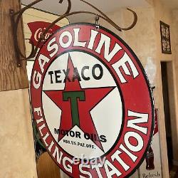 LARGE VINTAGE''TEXACO GASOLINE'' DOUBLE SIDED With BRACKET 30 INCH PORCELAIN SIGN