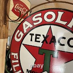LARGE VINTAGE''TEXACO GASOLINE'' DOUBLE SIDED With BRACKET 30 INCH PORCELAIN SIGN